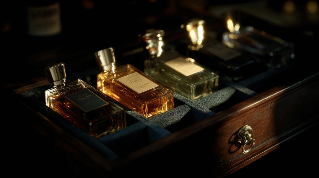 Luxury Perfume Care Guide – storing perfume in velvet-lined drawer